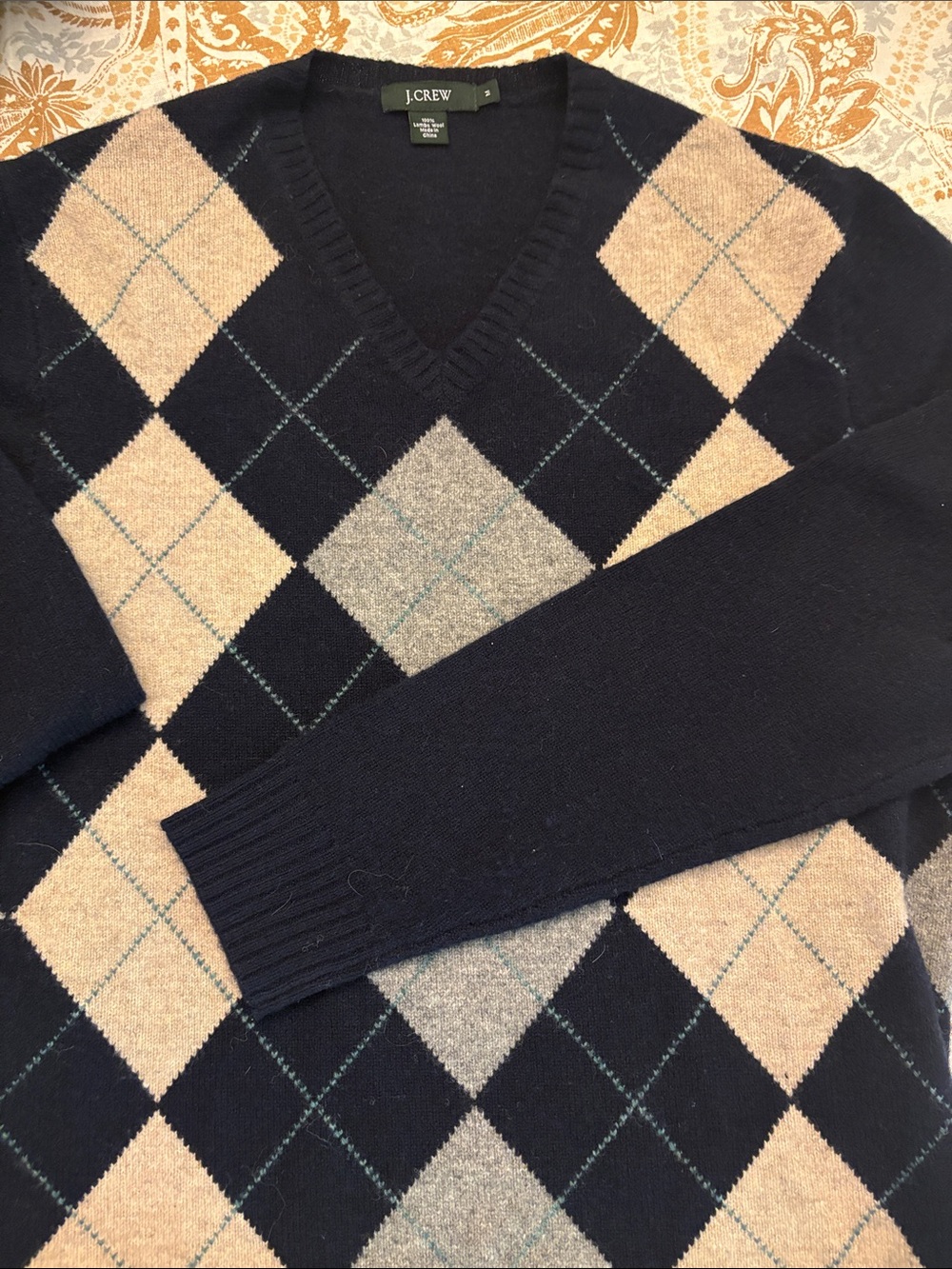 J. Crew Navy V-Neck Argyle Sweater with Beige and Gray Diamonds